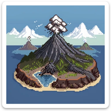 Volcanic island with multiple erupting peaks and ash clouds sticker