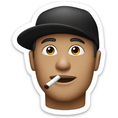 A person smokes, his skin color is white, and he wears a black cap sticker