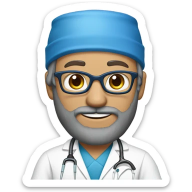 male blond doctor in scrub cap with grey van dyke beard with hazel eyes and small wire-rimmed glasses in blue scrubs holding a large paintbrush sticker