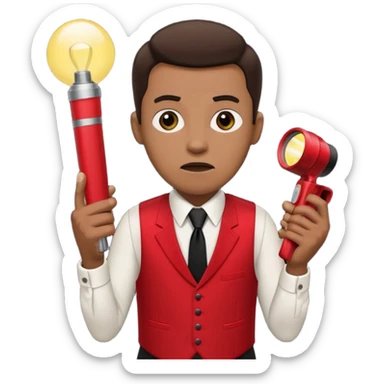 Movie theatre usher in red vest and black tie with normal flashlight looking scared sticker