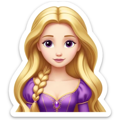 Cinematic Majestic Rapunzel Portrait Emoji, rendered in a clean, vector-style with bold, simplified shapes. Show Rapunzel with a serene, graceful expression, luminous fair skin, and elegantly styled long golden hair, accented by her classic purple gown. The design radiates a majestic, dreamlike glow with high shine and a soft glowing outline, embodying regal beauty. sticker