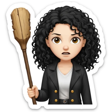 Hey, please generate me an emoji that depicts a woman white skin long black curly disheveled hair slightly thicker, she is wearing a white T-shirt and a black unbuttoned jacket she is furious she is holding a large stick sticker