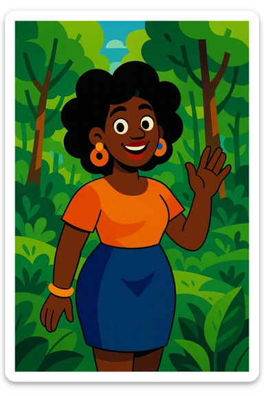 black lady standing in a lush green forest, expressive and colorful illustration, vibrant toon style sticker