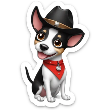 senior rat terrier wearing a cowboy hat and red collar smiling no brown (black and white) thumbs up sticker