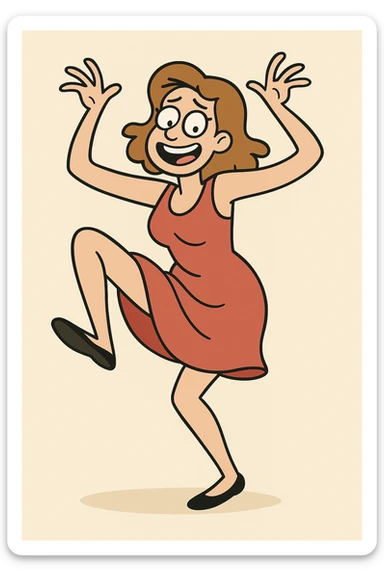 woman in a red dress dancing poorly, exaggerated pose, cheerful, clean background sticker