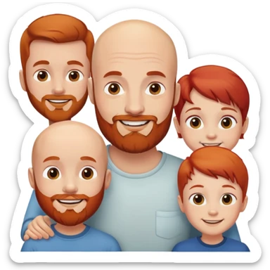 On the top level: smiling bald man with the beard, smiling redhead woman.  On the bottom level: three smiling little boys without beards sticker
