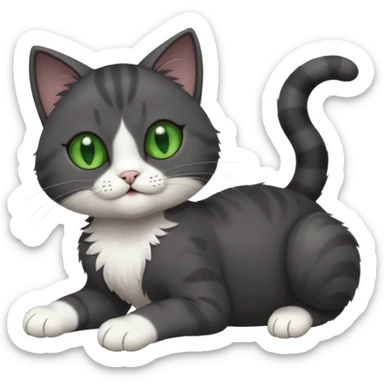 solid dark grey cat with green eyes, white toes/paws and white patch on her chest playfully rolling upside down sticker