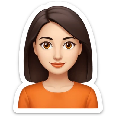 Young woman in her 30s with light skin, oval face, soft features, large dark brown eyes, medium eyebrows, small nose, friendly smile, long straight dark brown hair, wearing an orange elegant blouse sticker