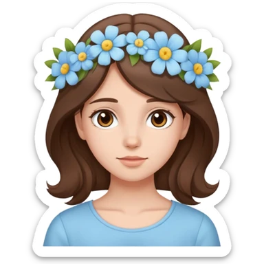 brunette girl with brown hair wearing pastel blue clothes with flowers in her hair sticker