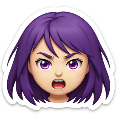 This emoji-style illustration depicts a chibi dark heired girl with an angry expression. The character has furrowed brows, large, intense purple eyes, and a small open mouth, as if shouting or arguing sticker