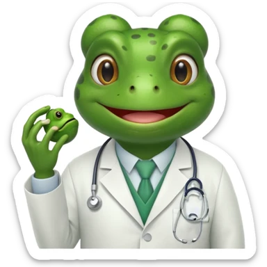 A frog in a doctor’s coat, happily examining a patient, portrait sticker
