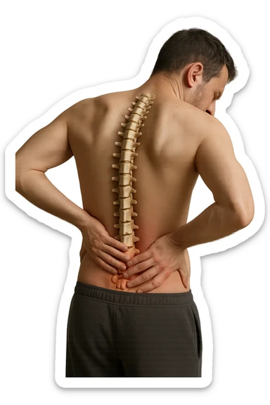 uomo con spina dorsale anatomica visibile che si massaggia la schiena perché gli fa male, iperrealistico 4k sticker