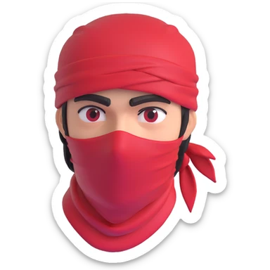 a guy with a red bandana covering his face and a cap, looking mad, not praying, in the style of a 3D emoji sticker