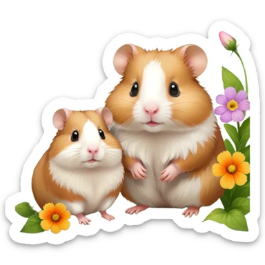 Icon for Hamster and Guinea Pig: A portrait-style collage with a fluffy hamster with soft fur, looking curious, and a friendly guinea pig with long, smooth fur, both on a soft green background with flowers and soft light. Transparent background. sticker