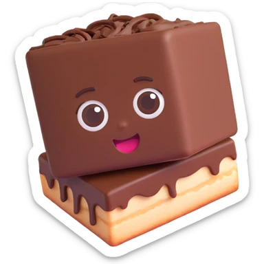 Rectangular chocolate mini pastry, slightly tilted, squished chocolate, crazy wide eyes, open mouth, text above: "ПАСТИЧКА", chibi style, Twitch emoji style, transparent background, colorful sticker