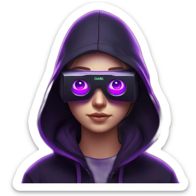 Russian student in the black hoody with violet letters "OMG" on it, wearing vr headset. Cyberpunk style. Violet neon. sticker