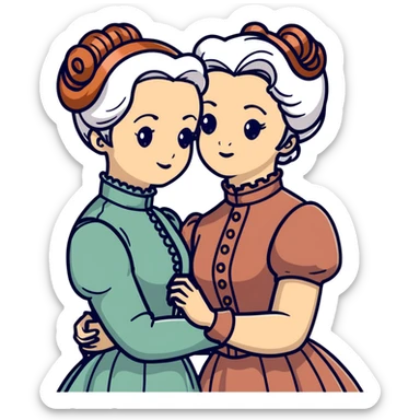 Two Victorian women embracing, one with white coiffed hair and one with copper coiffed hair, both with light eyes, wearing Victorian high-neck dresses sticker