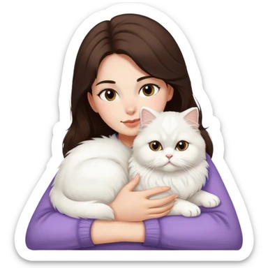 Brunette woman snuggling white Persian cat sticker