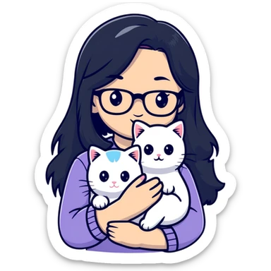 Girl with long black hair and glasses holding a white kitten sticker