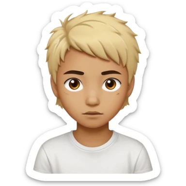 caramel skin color. Teen age. Short buzz, messy blonde hair, dark brown bushy eyebrows large expressive golden-brown eyes, brown skin color, scar over nose, wearing a plain white t-shirt. sticker