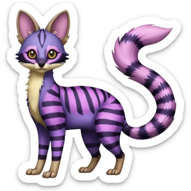 Indigo, purple, violet, pink, Civet-Genet-Possum-Serval-Caracal-Sergal-Trico-Numbat-Furret-fusion-Fakemon-hybrid-creature (full body) with long tufted ears and a striped tufted tail  sticker