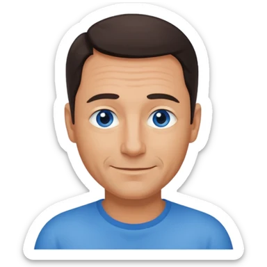 Middle aged man with tanned skin, receding dark hair and no beard, blue eyes, shy smile sticker