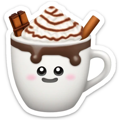 Decorated Christmas mug of hot chocolate with whipped cream and cinnamon sticker