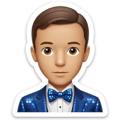 Fred Astaire with brown hair, dark blue sequin suit with bow tie sticker
