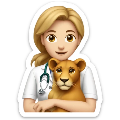 Female light brown hair veterinarian cuddling a lion sticker