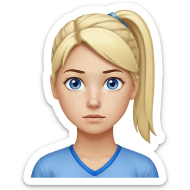 Just a head, blonde hair with lowlights in a ponytail, blue eyes, some freckles, a little older female ready to get some tasks done at work, no bod sticker