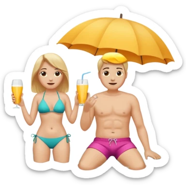 Ein Emoji, 2 personen am Strand: die Frau sehr schlank mit mittellangem, blondem Haar im Bikini, der Mann mit dickem Bauchz in Badeshorts. Beide sind im Ruhestand und liegen entspannt in Liegestühlen, um sich vom Stress des Rentnerlebens zu erholen mit sonnenschirm sticker
