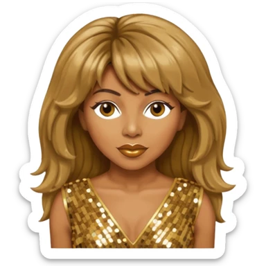 Tina Turner with long light brown hair, gold outfit sticker