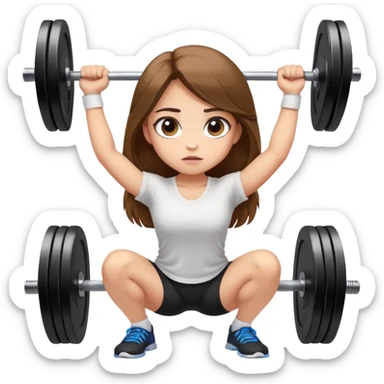 A girl with light skin, big eyes, long brown hair and wearing a white shirt is doing an overhead squat with a lot of weight on the barbell sticker