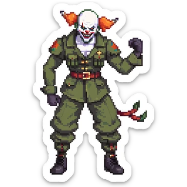 evil clown soldier, bald, short black devil horns on forehead, fangs, pointed ears, black and military green clothes with bellbottom pants, realistically proportioned, less bulky, full body, fighting stance sticker