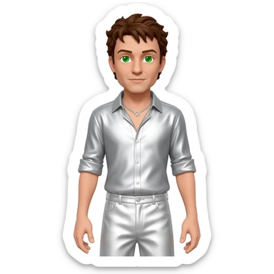 Tony Mortimer with green eyes, brown hair, white metallic shirt, white metallic baggy pants, silver necklace sticker