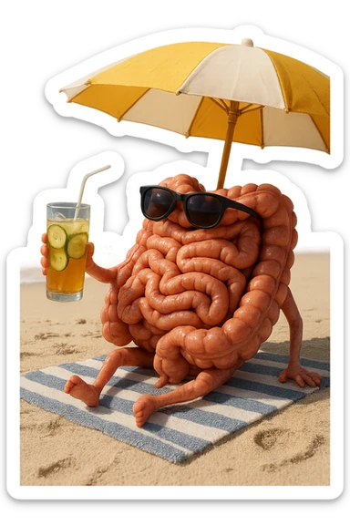 INTESTINO SEDUTO IN SPIAGGIA SOTTO L'OMBRELLONE MENTRE BEVE THè FREDDO CON CETRIOLO
IPERREALISTICO 4K sticker