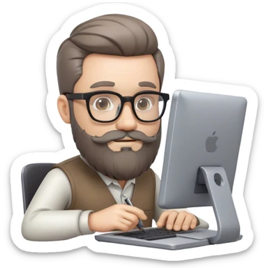 3d artist with beard sit on the PC with graphic tablet slight grey in beard. glasses are  sticker
