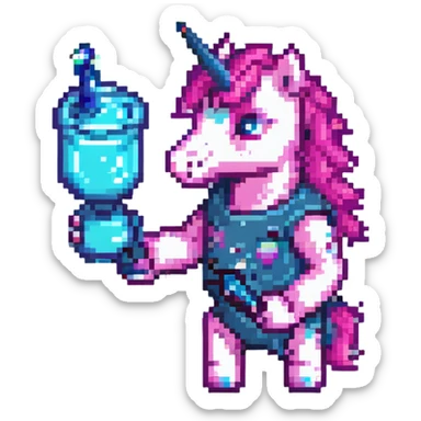 neon pink unicorn with a glass cannon, pixel art, retro game style sticker