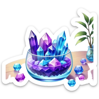 Close-up of vibrant crystals growing in a glass container on a table, with various colors like purple, blue, and clear. Some crystals are larger, while others are still forming. Soft light highlights their natural beauty. Background with a cozy indoor setting. sticker