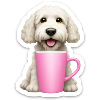 White labradoodle dog with pink handle cup sticker