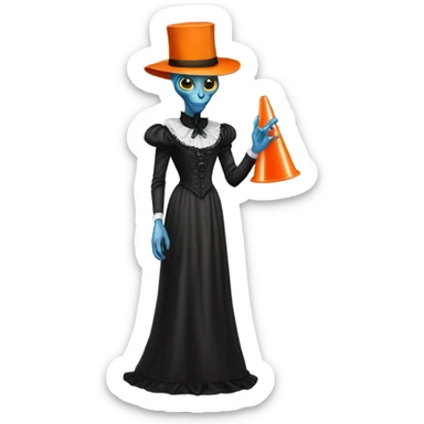 alien galora in Victorian dress elegant, full body, holding traffic cone sticker