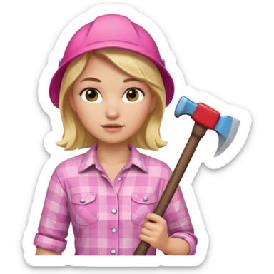 lumberjack blonde woman holding axe pink checked shirt sticker