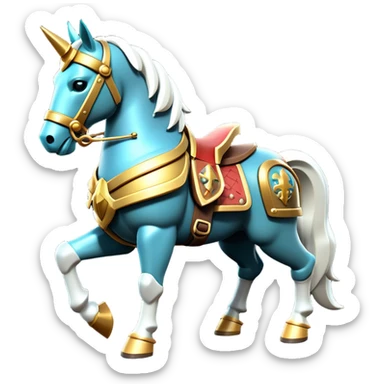 Clash of Clans aesthetic: Cinematic Playful Armored Horse Emoji, rendered in a 3D vector-style similar to standard emojis with minimal shading and bold, simplified shapes. A compact, isometric warhorse outfitted in intricately detailed armor with noble accents, softly glowing with a gallant medieval carriage charm. Simplified yet unmistakably iconic, highly detailed and consistent, glowing with a soft radiant shine and high polish. Stylized with a touch of heroic elegance and a soft glowing outline, capturing the essence of a noble steed ready for battle with a friendly, playful air! sticker