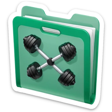 A translucent green plastic folder with rounded corners, elastic string and button closure, clean minimal look, and a dumbbell/gym symbol on the front. sticker