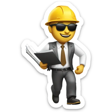 Tan Engineer with suit and hard hat white holding folder smiling and running and shades and safety jacket sticker