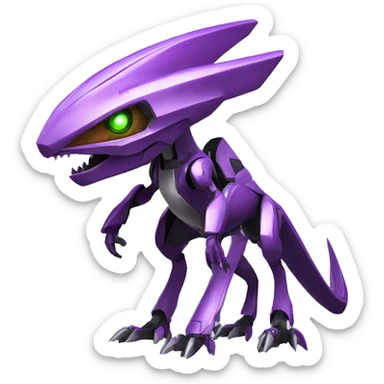 a purple-green Genesect-Raptor-Fakémon—hybrid with a futuristic visor-helmet full body sticker