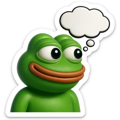 make a pepe in bright green smiling with thought bubble looking at right side in 3d style, good highlights and shadows, drop shadows sticker