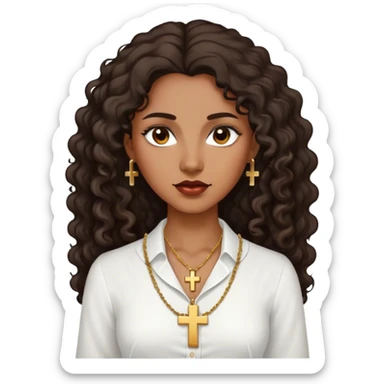 Dark Brown woman with dark curly long hair white dress shirt with gold small cross necklace no earrings sticker