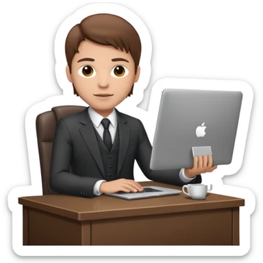 Mach mir einen Trader der in einem Schreibtischstuhl sitzt mit einem Laptop. vor sich am tisch. Aber er soll alleine sein. Mach ihn mit anzug und braunen haaren sticker