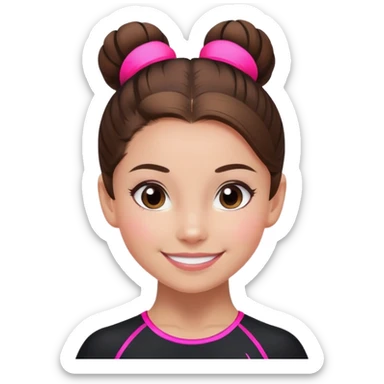 Happy female gymnast with brown hair in a neat bun, wearing a black uniform with neon pink elements. sticker